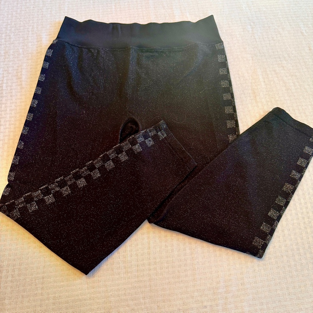 Pink Active XXL Black Glitter Sparkle Leggings Checkered Side Stripe High Waist